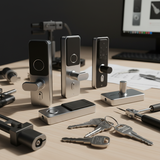 Modern door locks and high-security keys on workbench