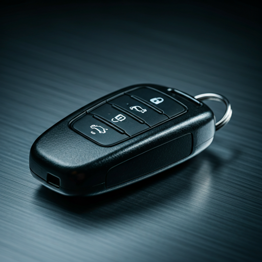 Electronic car key fob on metallic surface