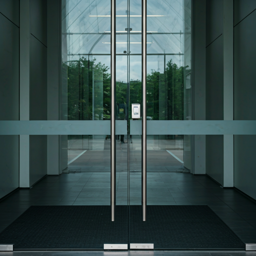 Modern glass office building entrance with digital access control