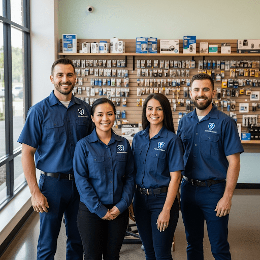 Team of locksmith technicians standing in a Derwood, MD hardware store
