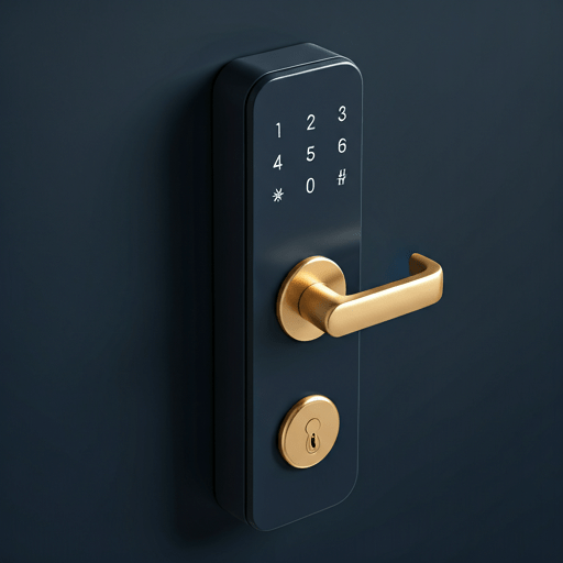 A macro close-up of a high-tech electronic keypad deadbolt lock with a numeric touchpad and gold-tone lever handle, mounted on a dark navy commercial door.