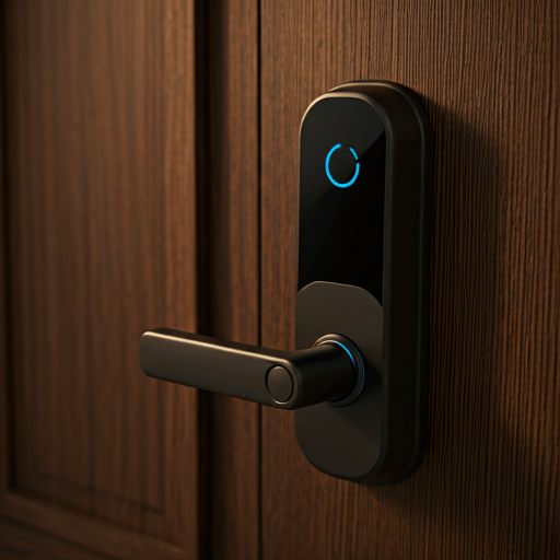 A focused locksmith wearing blue work uniform and gloves, carefully using precision metal tools to unlock a high-tech smart lock on a modern residential white door. The scene is bright and airy, representing a daytime home lockout Wheaton situation. The composition is clean and professional, focusing on the technical skill and the modern security hardware.