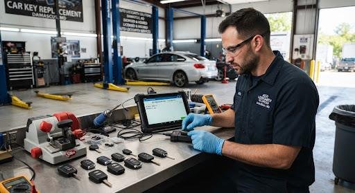 Car locksmith Chevy Chase MD technician programming automotive key fobs on a mobile workbench