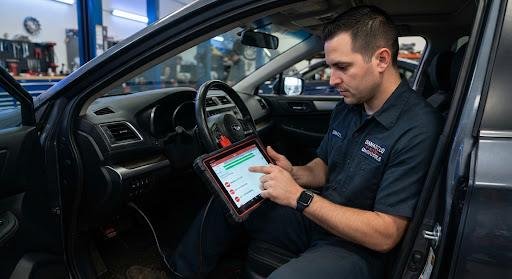 Professional locksmith using a diagnostic tablet inside a vehicle in North Bethesda MD