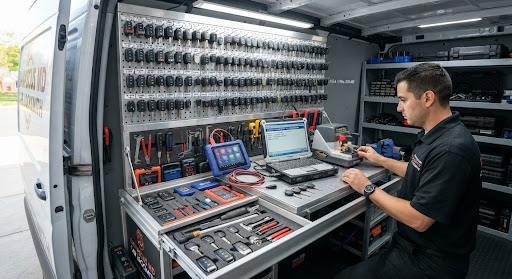 The organized interior of a mobile locksmith service van, showing a professional key-cutting machine, lock-picking tools, and diagnostic equipment neatly arranged for on-site residential and commercial lock work.