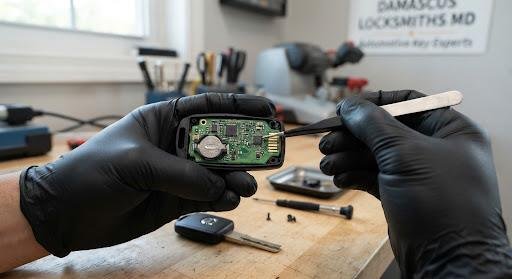 A technician wearing black gloves holding a disassembled modern car key fob, showing the complex green circuit board and small transponder chip. Close-up macro photography with soft depth of field.