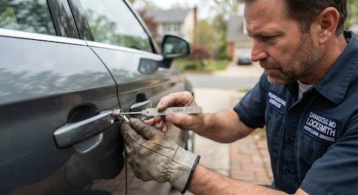 A professional locksmith using a Lishi pick tool on a modern car door lock cylinder. The image is a sharp, high-resolution close-up showing the metallic tool's markings and the precision of the technician's hands. Soft outdoor daylight, modern suburban setting.