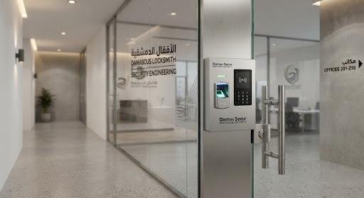 A modern glass office door featuring a high-tech biometric fingerprint scanner and proximity card reader.