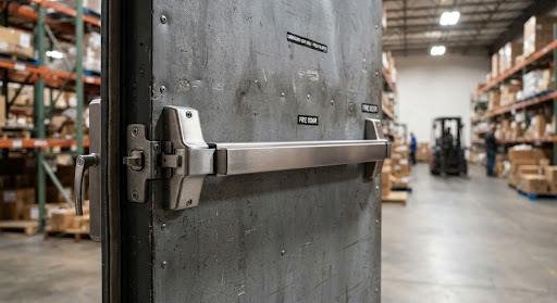 A commercial-grade heavy-duty panic bar exit device installed on a large metal industrial door.