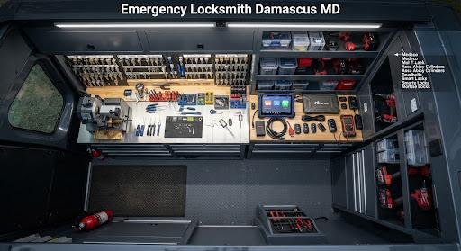 A top-down view of a professional locksmith tactical mobile van interior, showing organized precision tools, high-security lock hardware, and electronic diagnostic equipment. The lighting is clean and professional, emphasizing an organized, high-authority technical workspace used for 24/7 emergency response in Damascus Maryland.