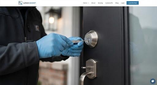 A professional locksmith close-up using a Lishi tool on a modern residential silver deadbolt lock, with focused technical lighting highlighting the precision work