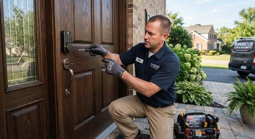 A professional locksmith installing a sleek, modern bronze smart lock with a digital keypad on a traditional dark wood residential door in a Damascus Maryland suburban home