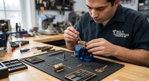 A detailed, macro technical photograph of a high-security cylinder being disassembled by a professional locksmith Damascus, revealing pins, springs, and shear line, emphasizing the technical residential security engineering approach of Multi Locksmith LLC in Maryland.