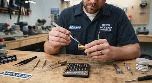 A professional locksmith's hands holding a disassembled brass lock cylinder and a set of new pins on a technical workbench, showing the detail involved in a professional lock rekey Damascus service for a residential home in Maryland.