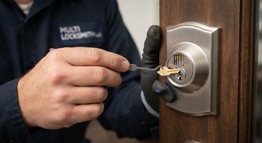 A technician using a specialized extractor tool to remove a snapped metal key fragment from a high-security residential lock cylinder, highlighting the precision tools used for broken key extraction Damascus.