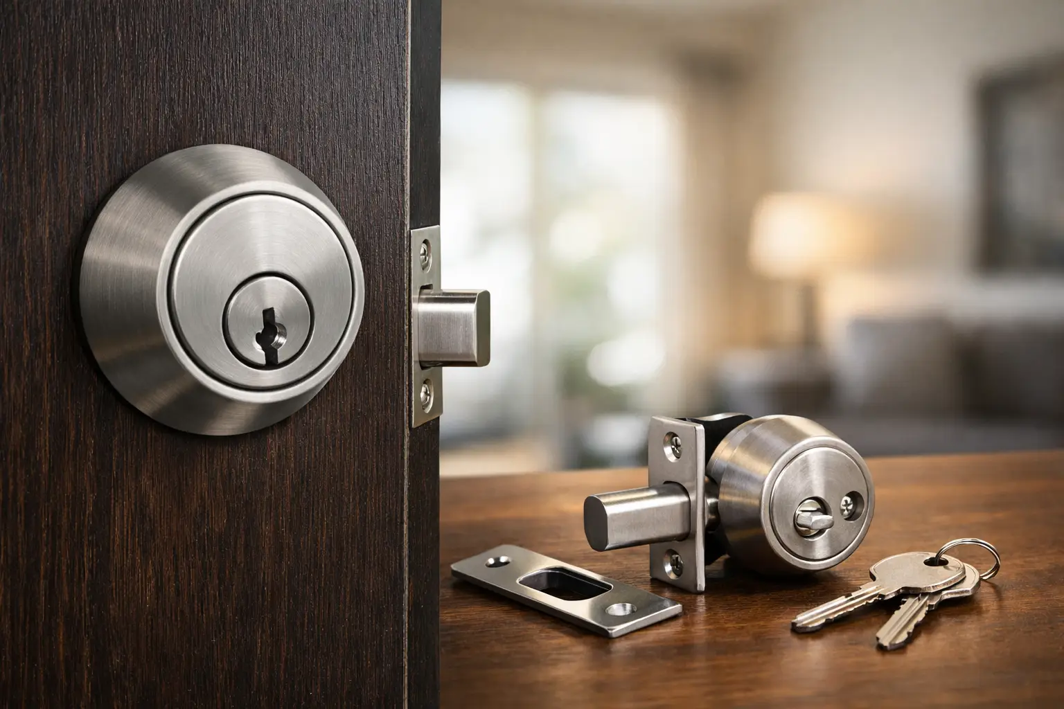 Grade 1 deadbolt hardware installed on an exterior door