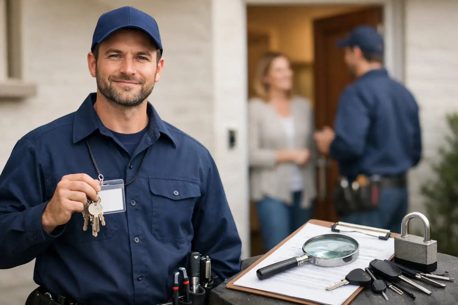 Licensed locksmith technician showing identification before starting work